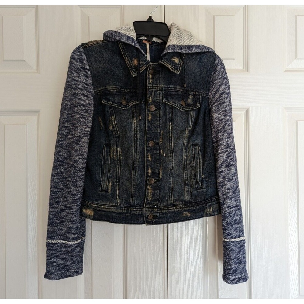 Free People Jacket  Womens Sz S Indigo Blue Gray Denim Sweatshirt  Hooded